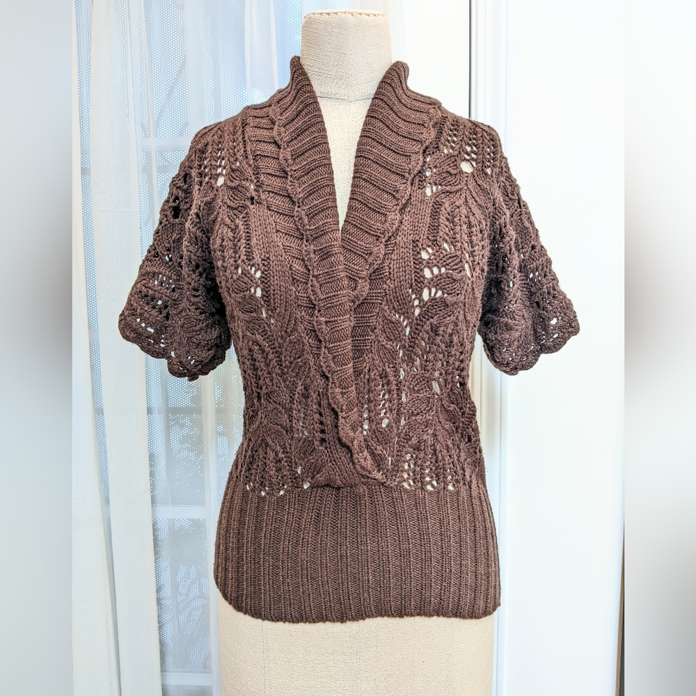 Badgley Mischka sweater brown cashmere blend luxury hand knit S/M sexy designer